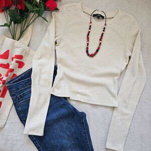 Lulus Ribbed Knit Crop Top Beige Long Sleeve Sweater Size S NWOT